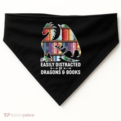 Easily Distracted By Dragons and Books Fantasy Book Lover USA-Made Doggie Bandana