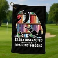 Easily Distracted By Dragons and Books Fantasy Book Lover Golf Towel thumb 1