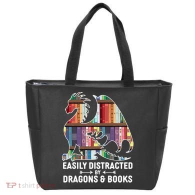 Easily Distracted By Dragons and Books Fantasy Book Lover Tote Bag