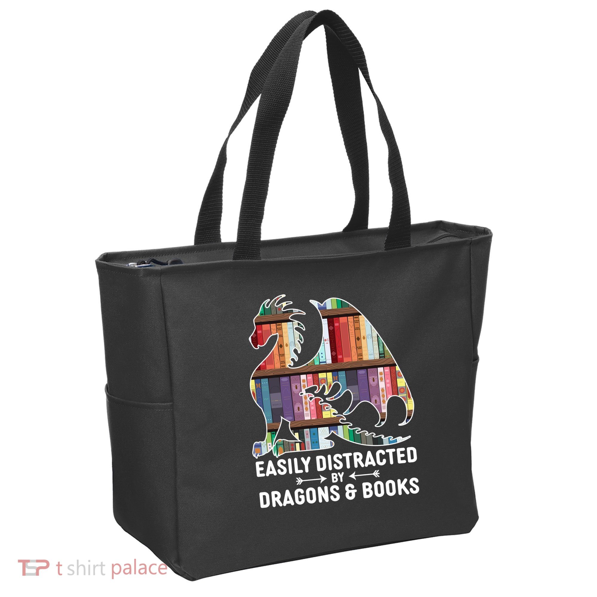 Easily Distracted By Dragons and Books Fantasy Book Lover Tote Bag