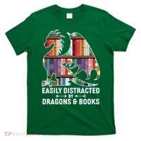 Easily Distracted By Dragons and Books Fantasy Book Lover T-Shirt thumb 0