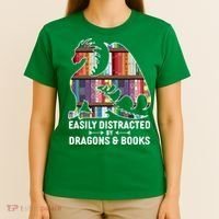 Easily Distracted By Dragons and Books Fantasy Book Lover T-Shirt thumb 4
