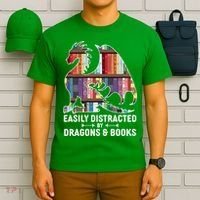 Easily Distracted By Dragons and Books Fantasy Book Lover T-Shirt thumb 6