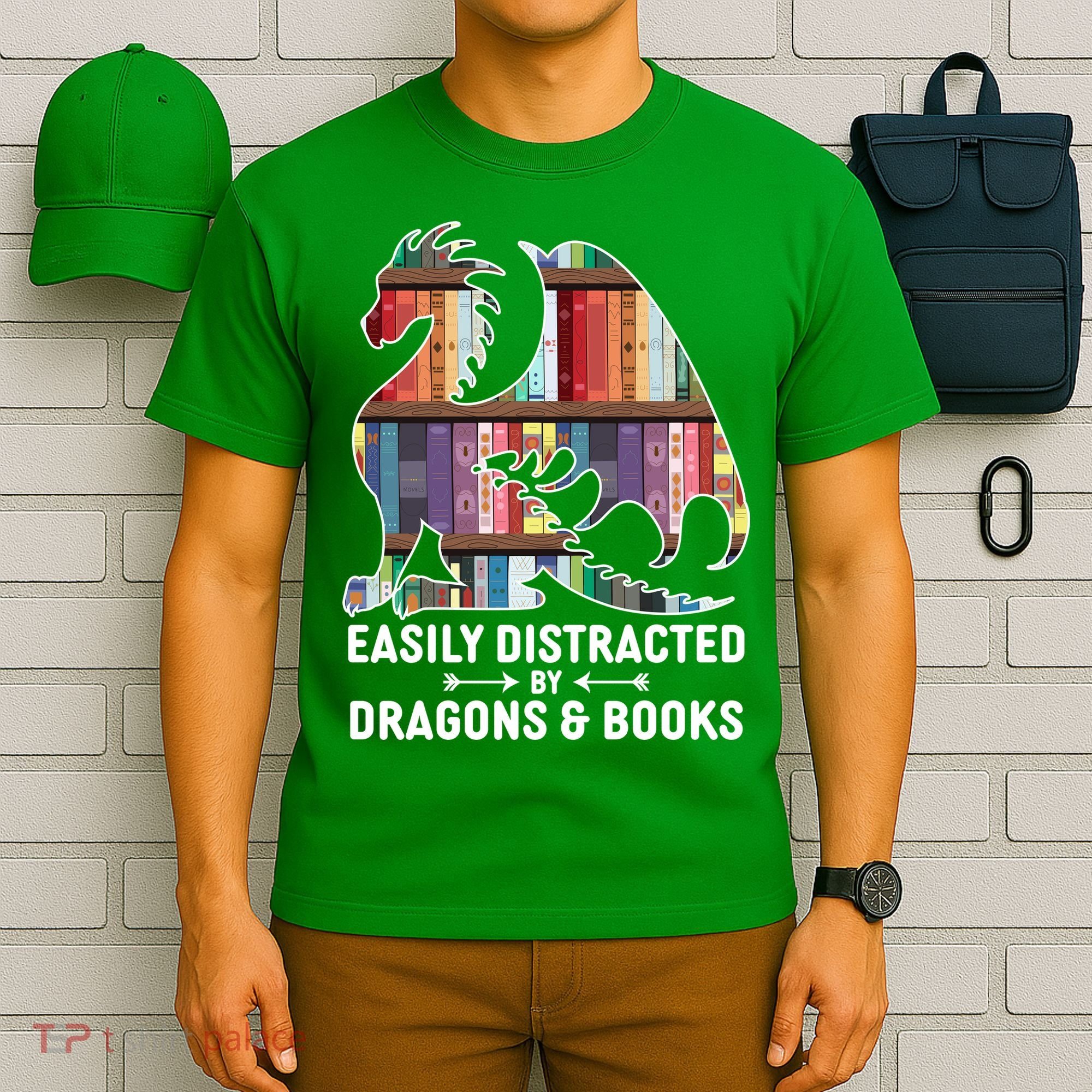 Easily Distracted By Dragons and Books Fantasy Book Lover T-Shirt