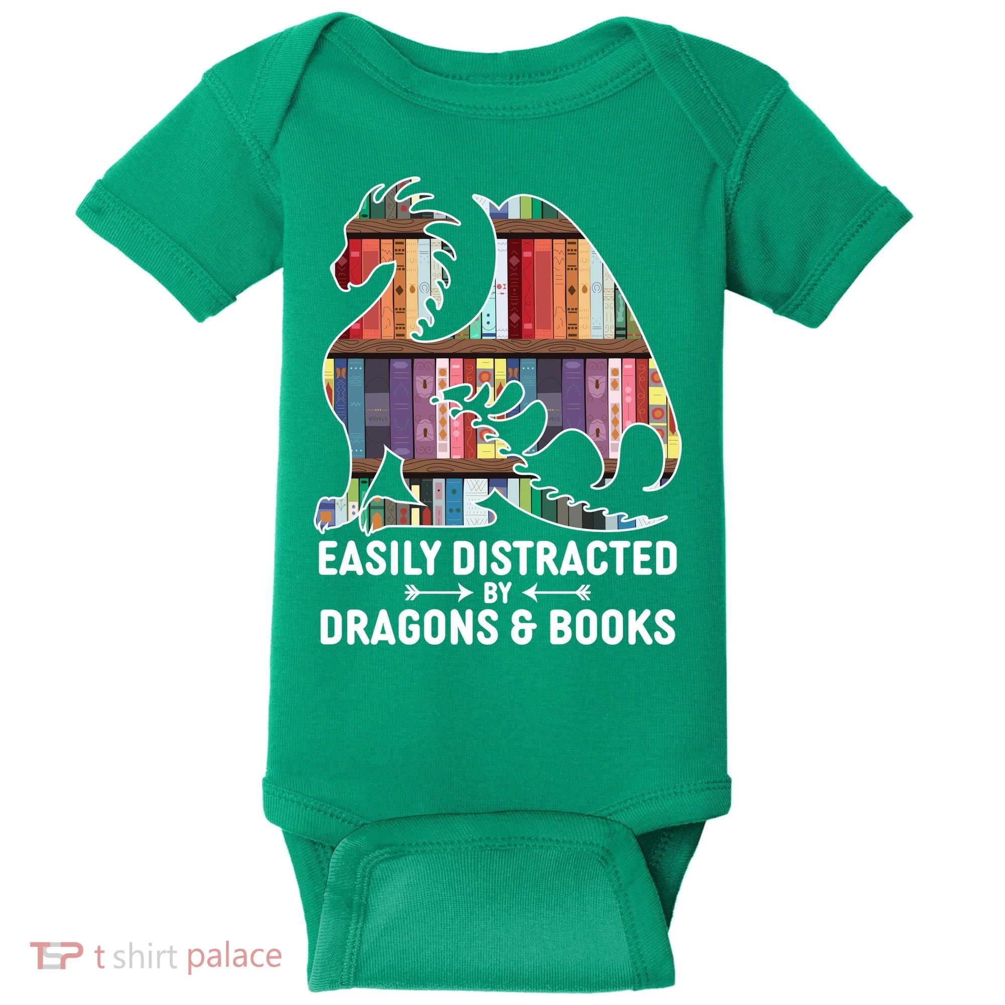 Easily Distracted By Dragons and Books Fantasy Book Lover Baby Bodysuit