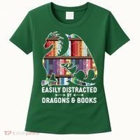 Easily Distracted By Dragons and Books Fantasy Book Lover Women's T-Shirt thumb 0