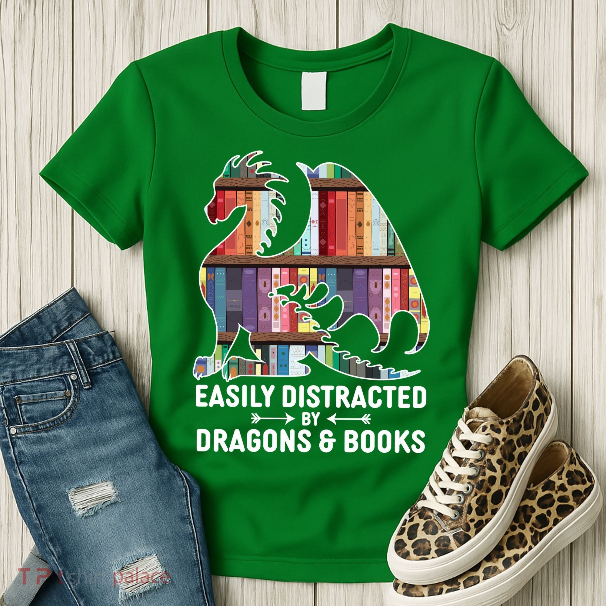Easily Distracted By Dragons and Books Fantasy Book Lover Women's T-Shirt