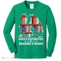 Easily Distracted By Dragons and Books Fantasy Book Lover Kids Long Sleeve Shirt thumb 0