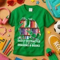 Easily Distracted By Dragons and Books Fantasy Book Lover Kids T-Shirt thumb 3