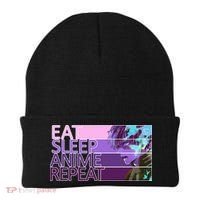 Eat Sleep Anime Repeat Funny Cartoon Beanie thumb 0