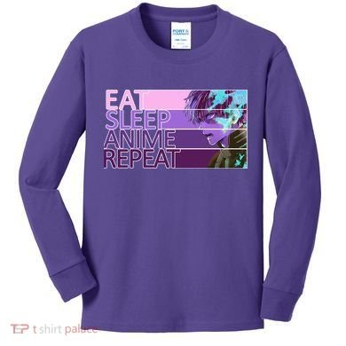 Eat Sleep Anime Repeat Funny Cartoon Kids Long Sleeve Shirt