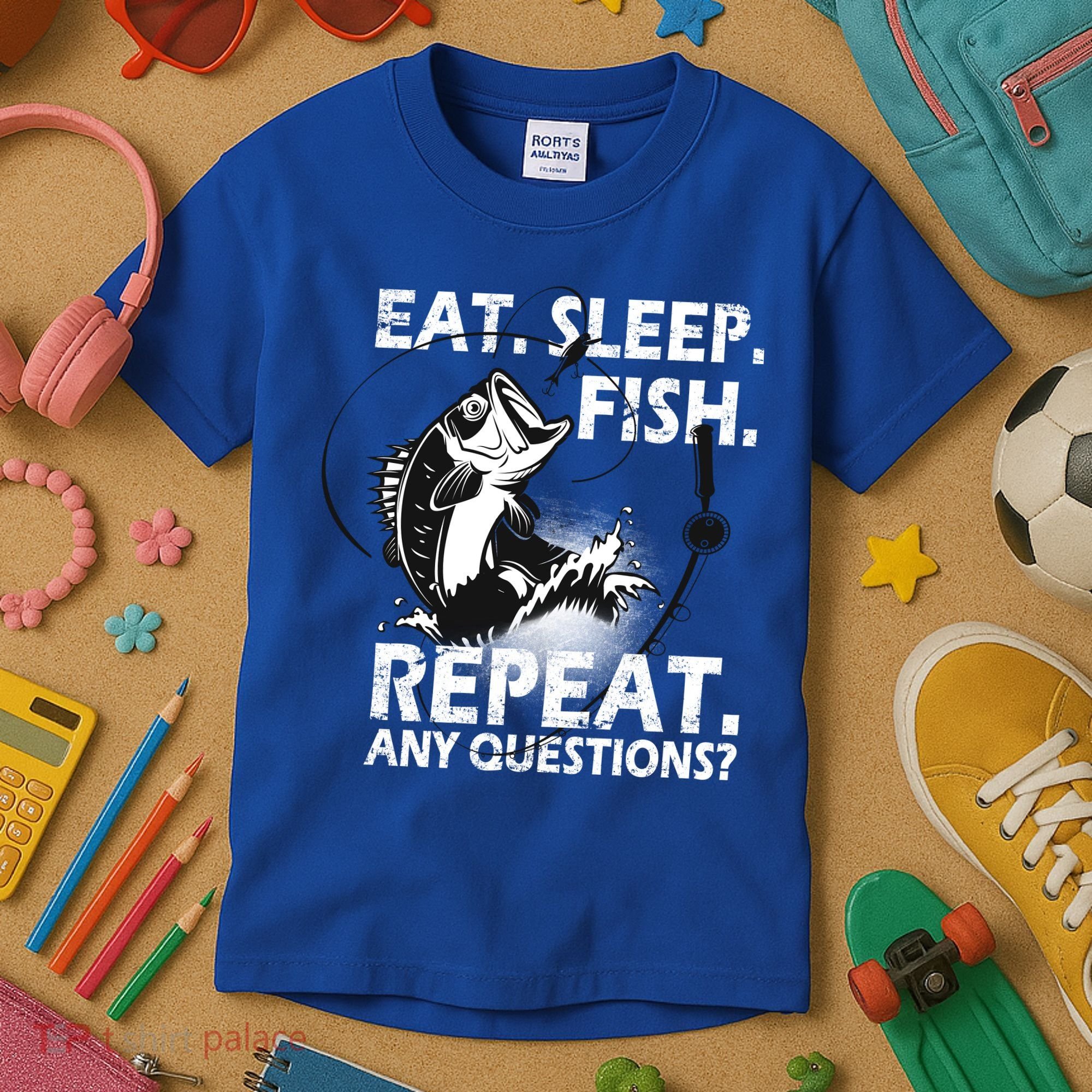 Eat Sleep Fish Repeat Any Questions Kids T-Shirt