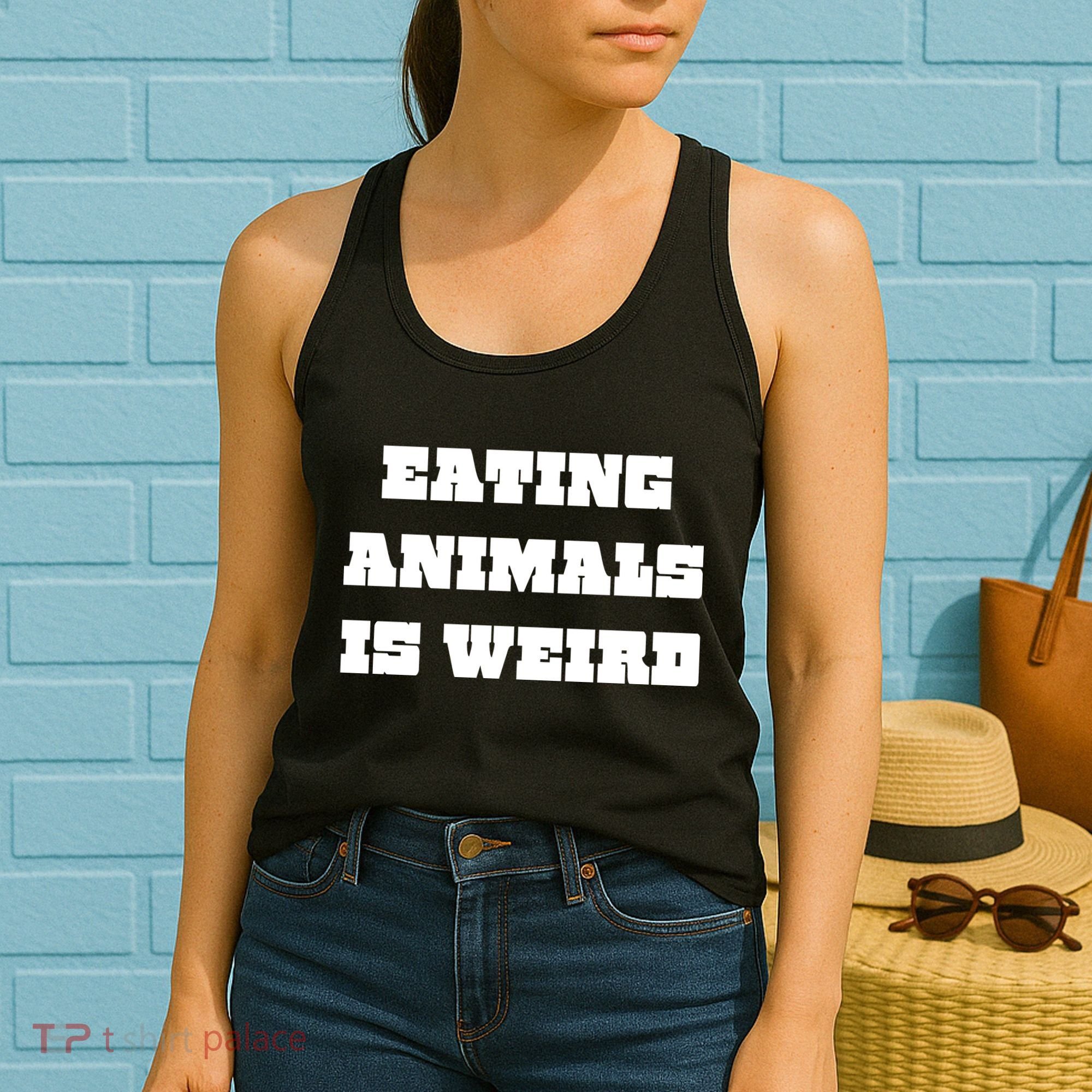 Eating Animals Is Weird Vegan Vegetarian Funny Parody Women's Tank Top