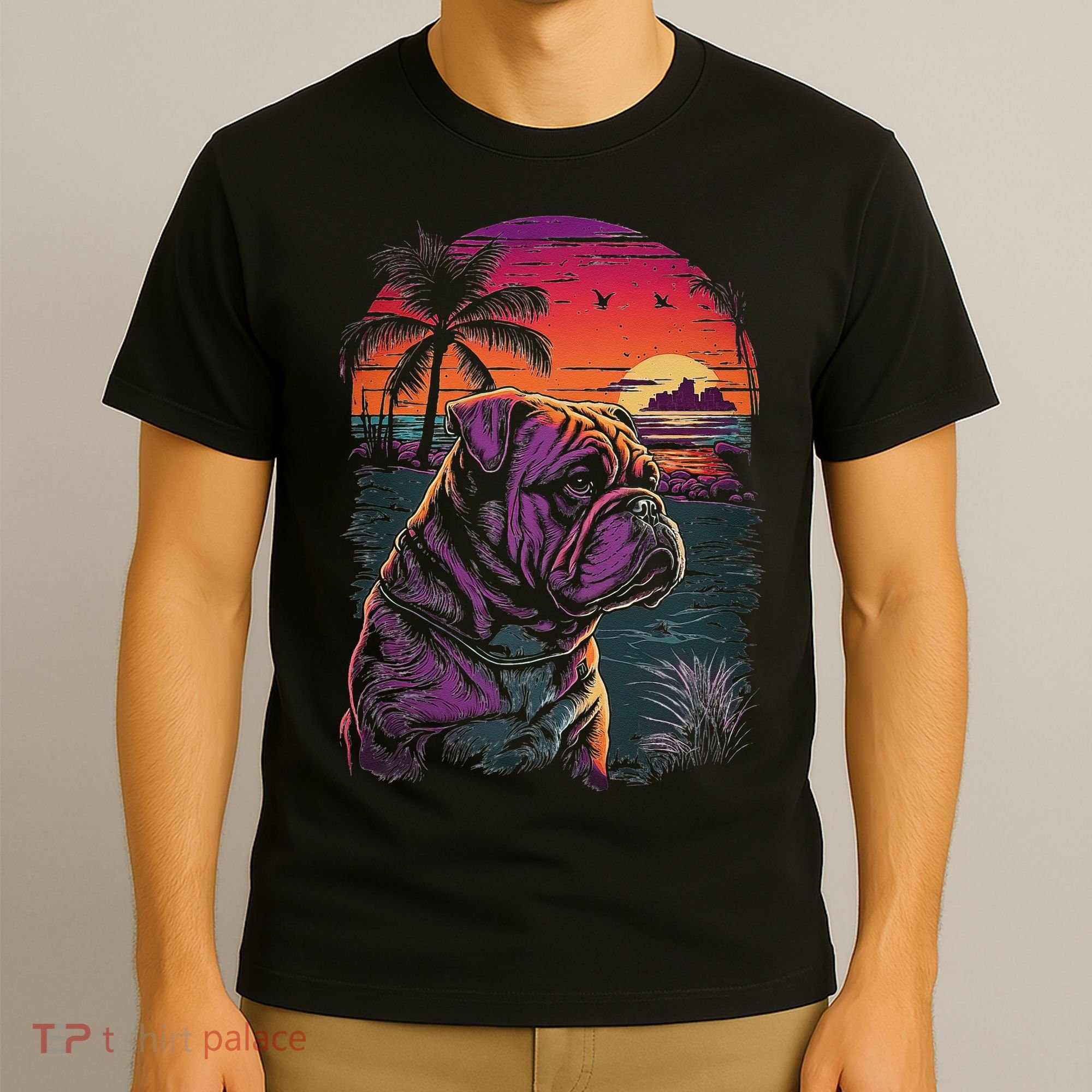 English Bulldog 80s Sunset Vintage Retro Style T-Shirt