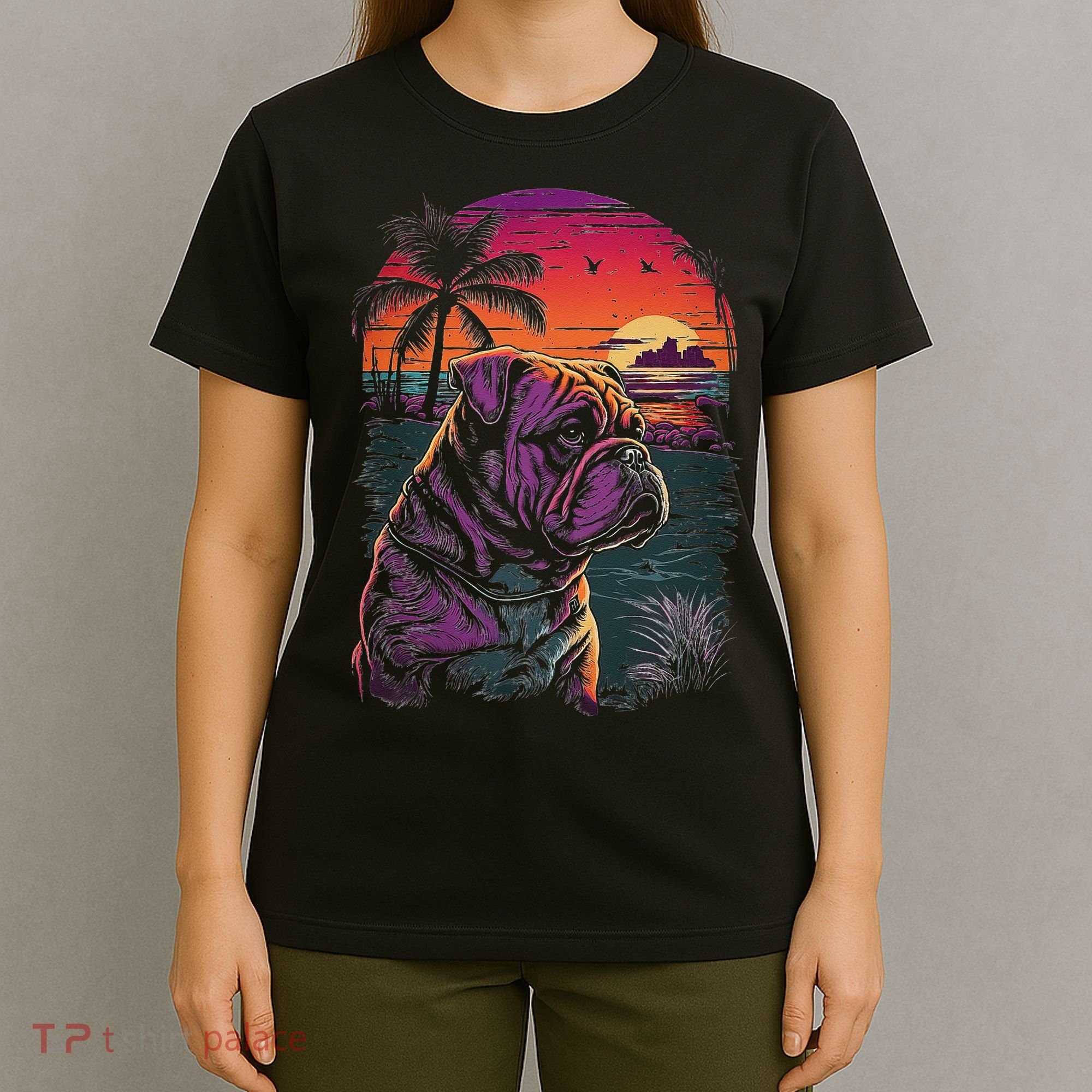 English Bulldog 80s Sunset Vintage Retro Style T-Shirt