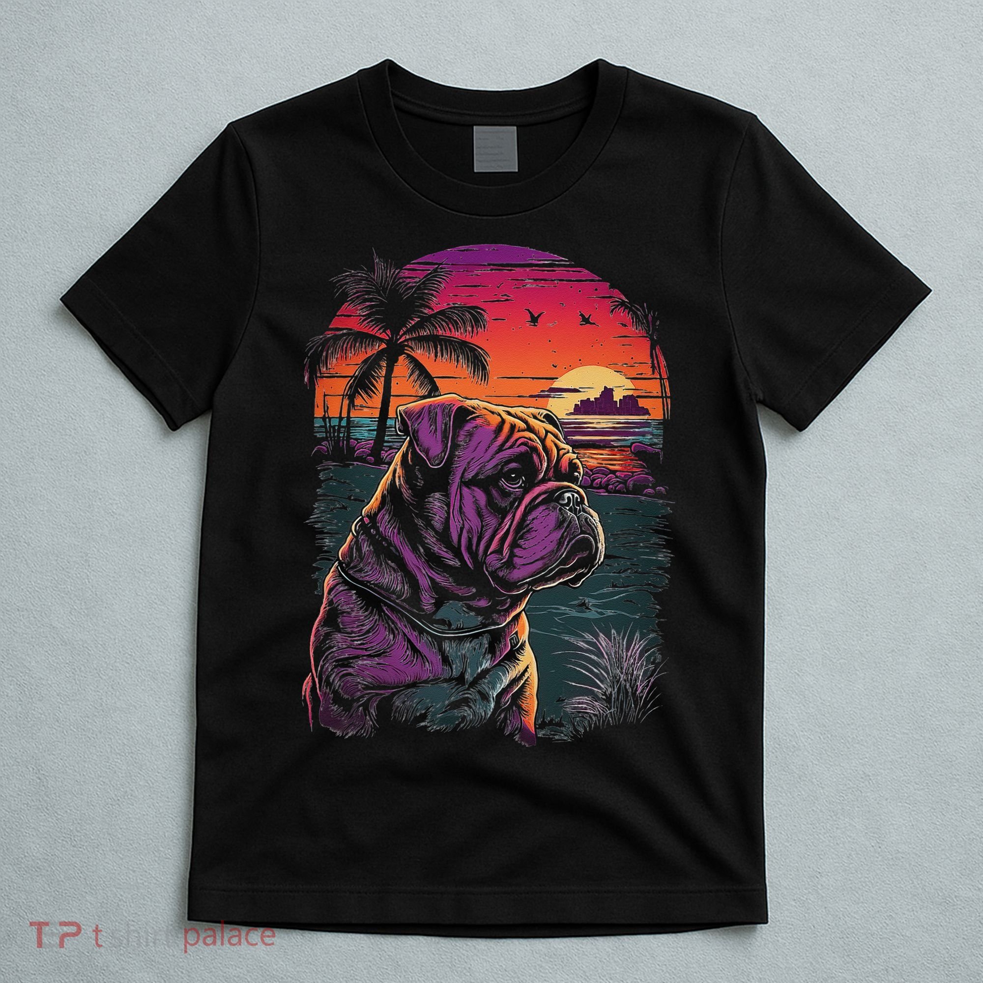 English Bulldog 80s Sunset Vintage Retro Style T-Shirt