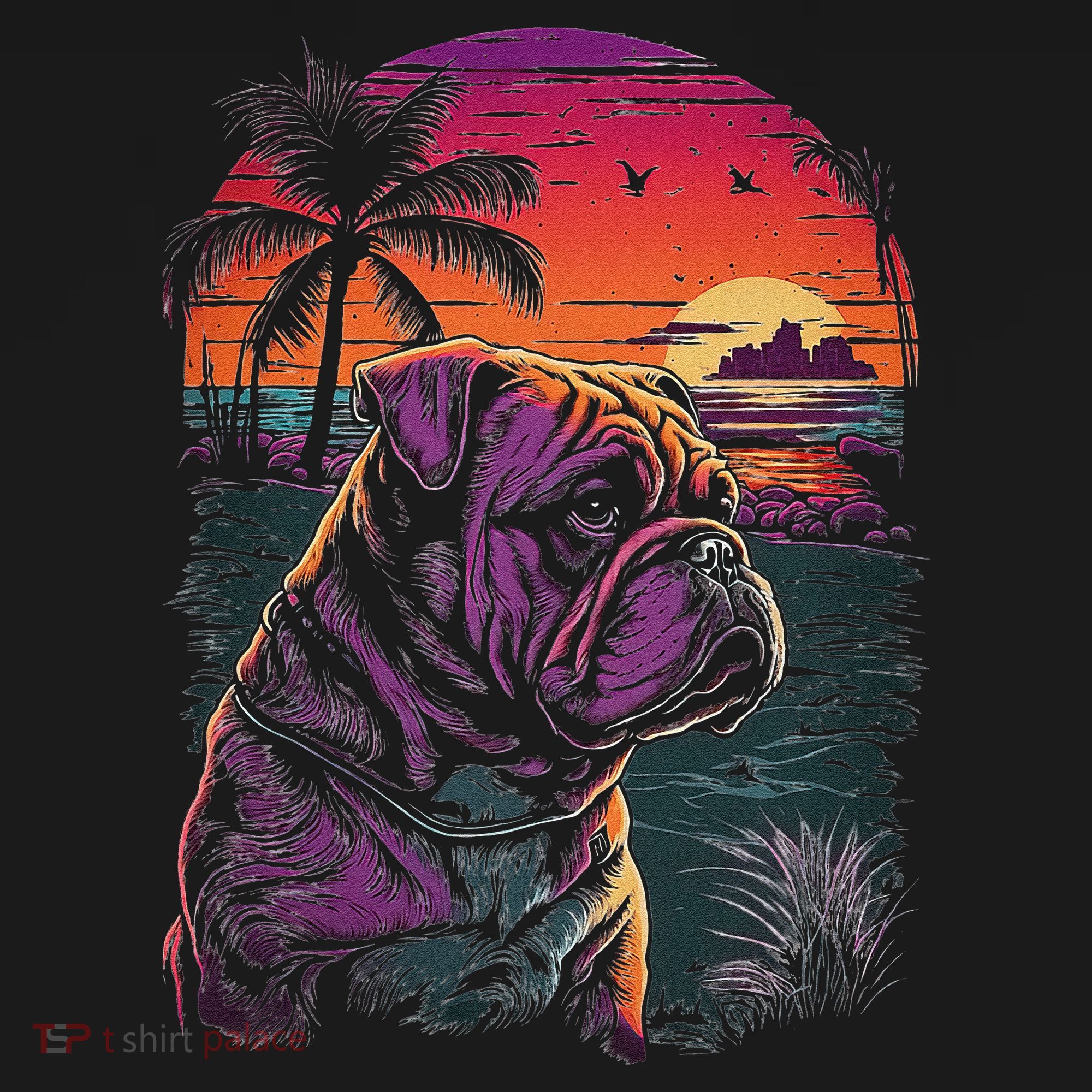 English Bulldog 80s Sunset Vintage Retro Style T-Shirt