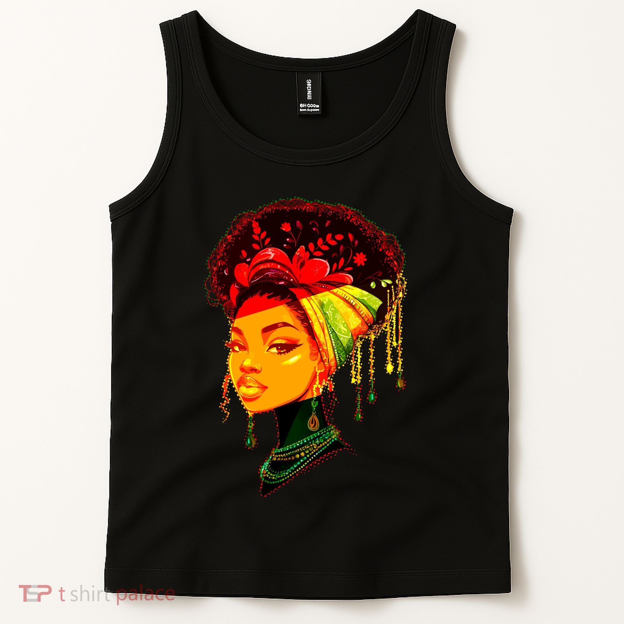Elegant Black African American Woman With Afro Head Wrap Tank Top