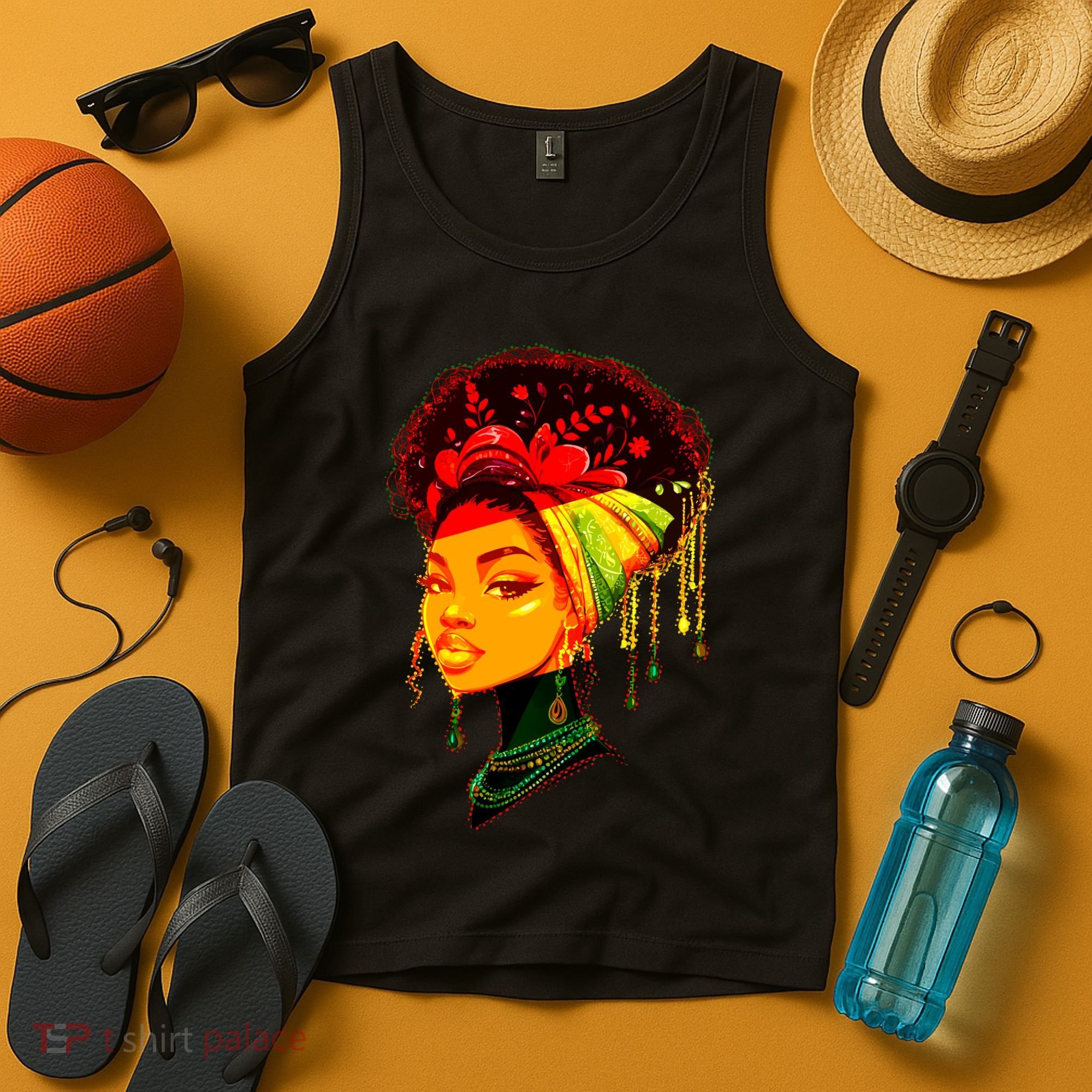 Elegant Black African American Woman With Afro Head Wrap Tank Top
