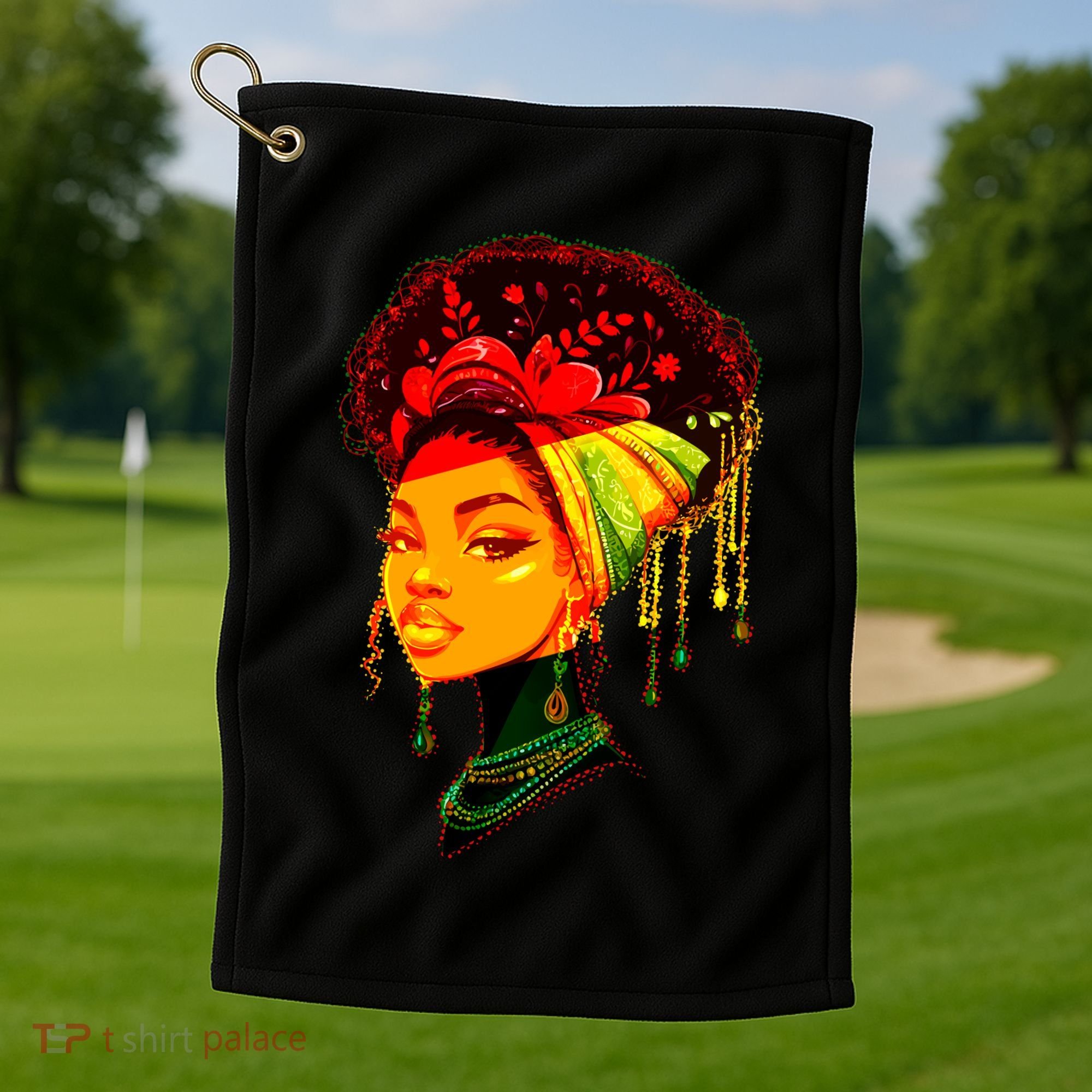 Elegant Black African American Woman With Afro Head Wrap Golf Towel