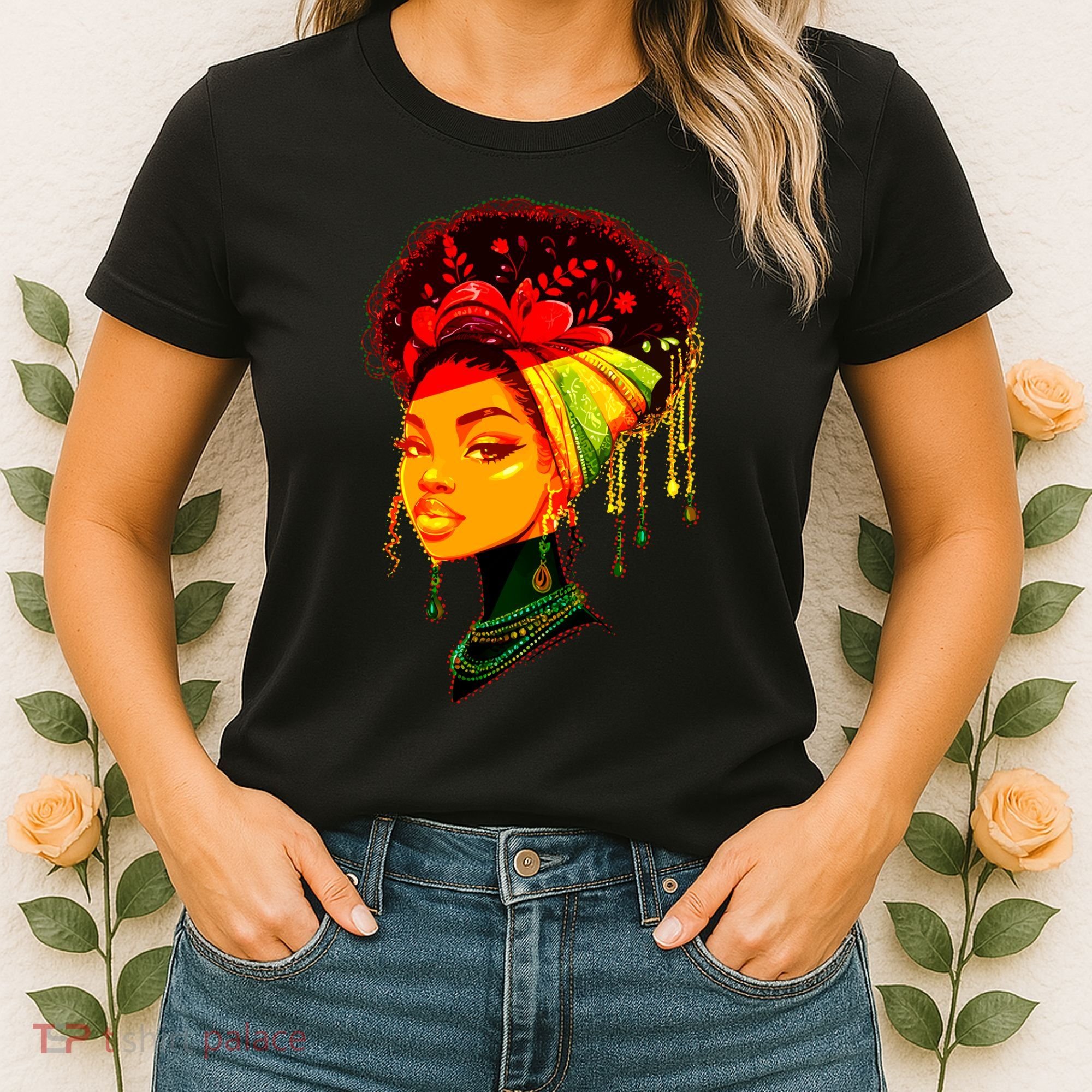 Elegant Black African American Woman With Afro Head Wrap Women's T-Shirt