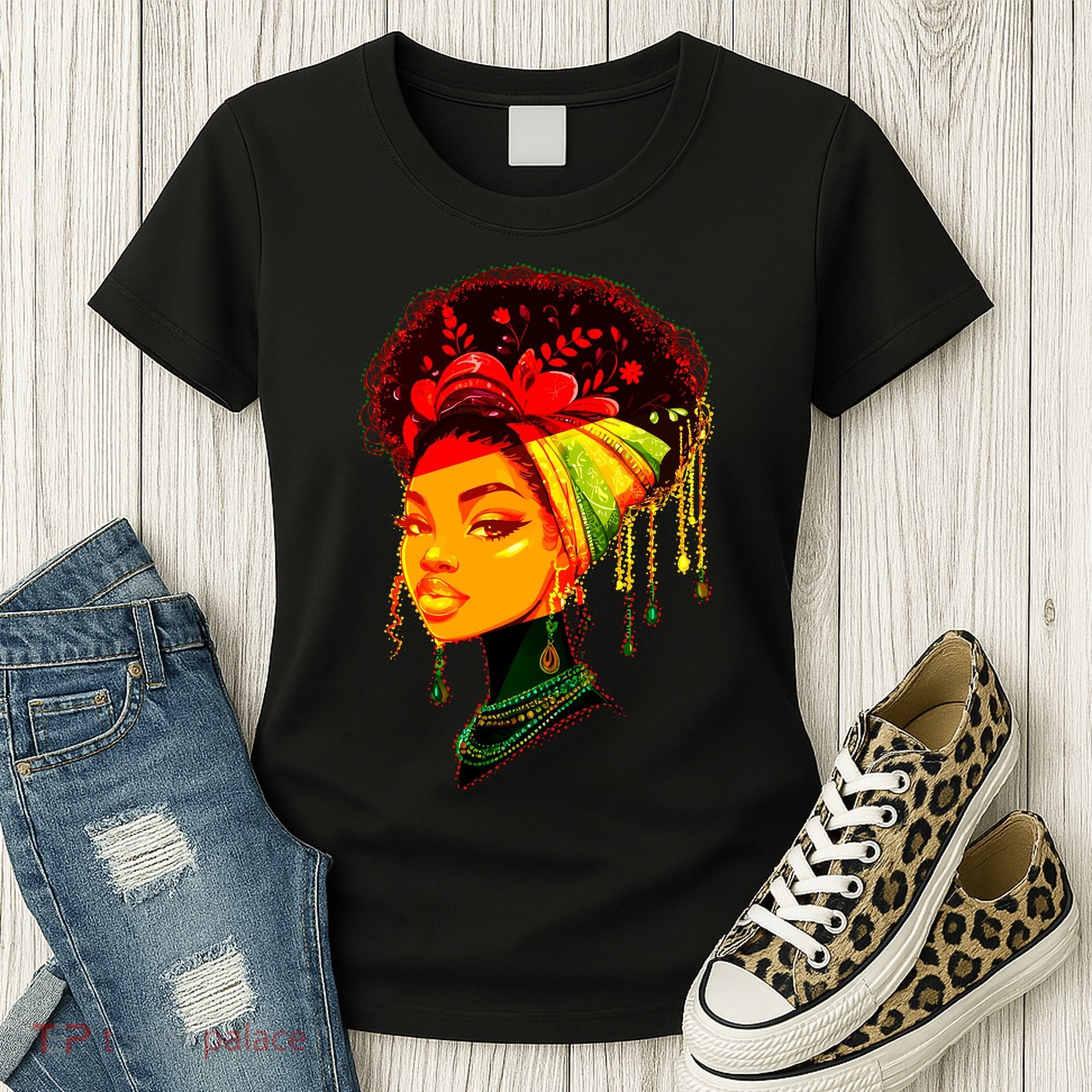 Elegant Black African American Woman With Afro Head Wrap Women's T-Shirt