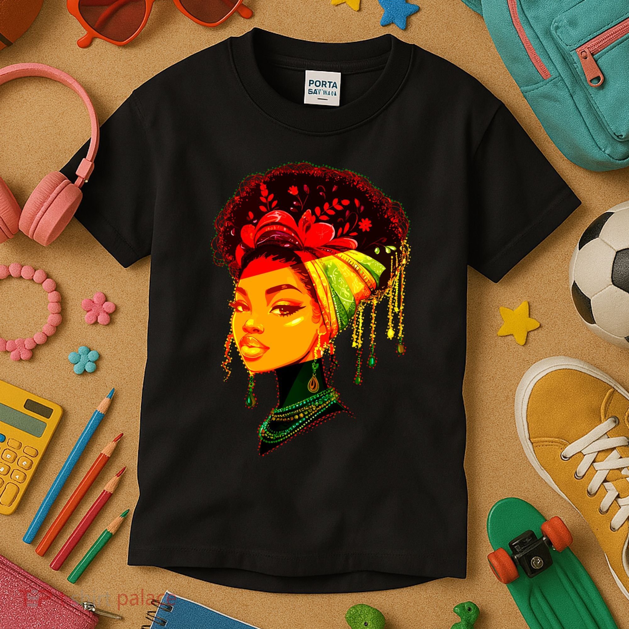 Elegant Black African American Woman With Afro Head Wrap Kids T-Shirt