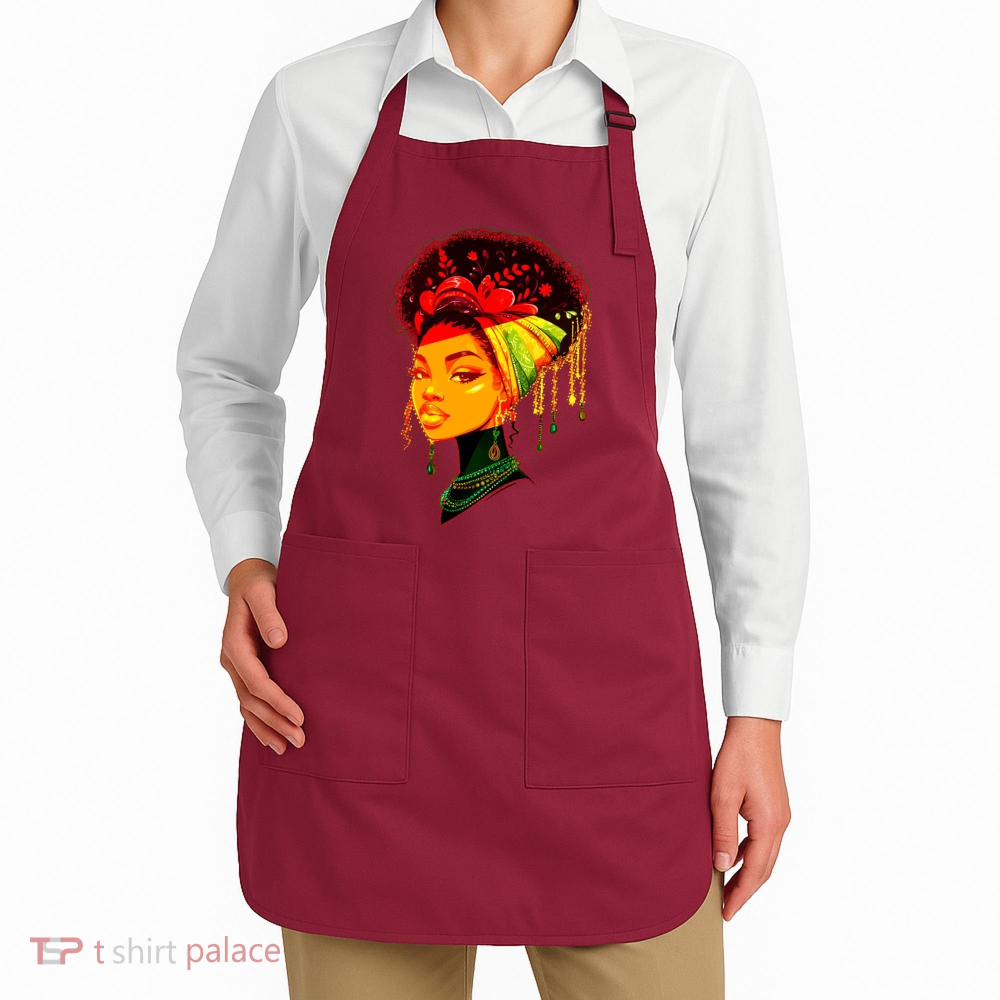 Elegant Black African American Woman With Afro Head Wrap Apron