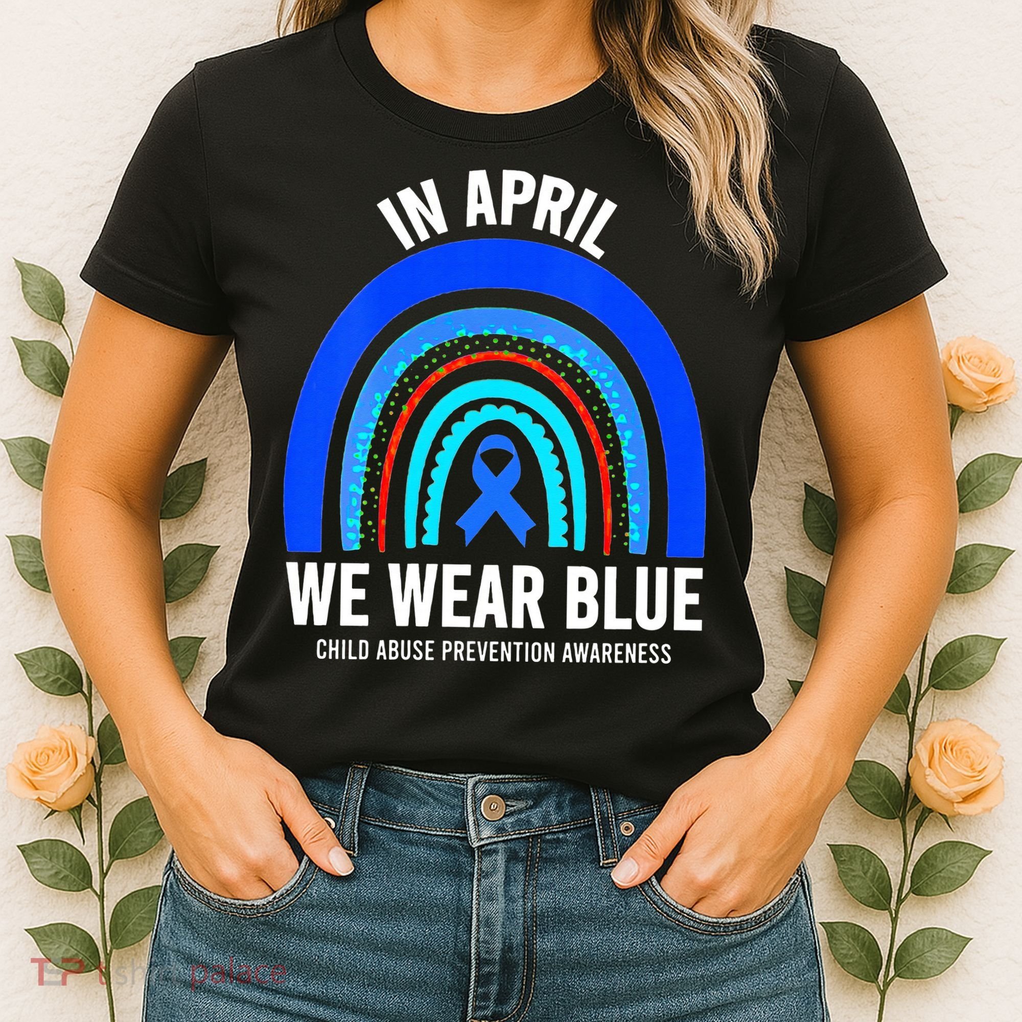 Elephant butterfly Child Abuse Awareness Blue Ribbon Women's T-Shirt