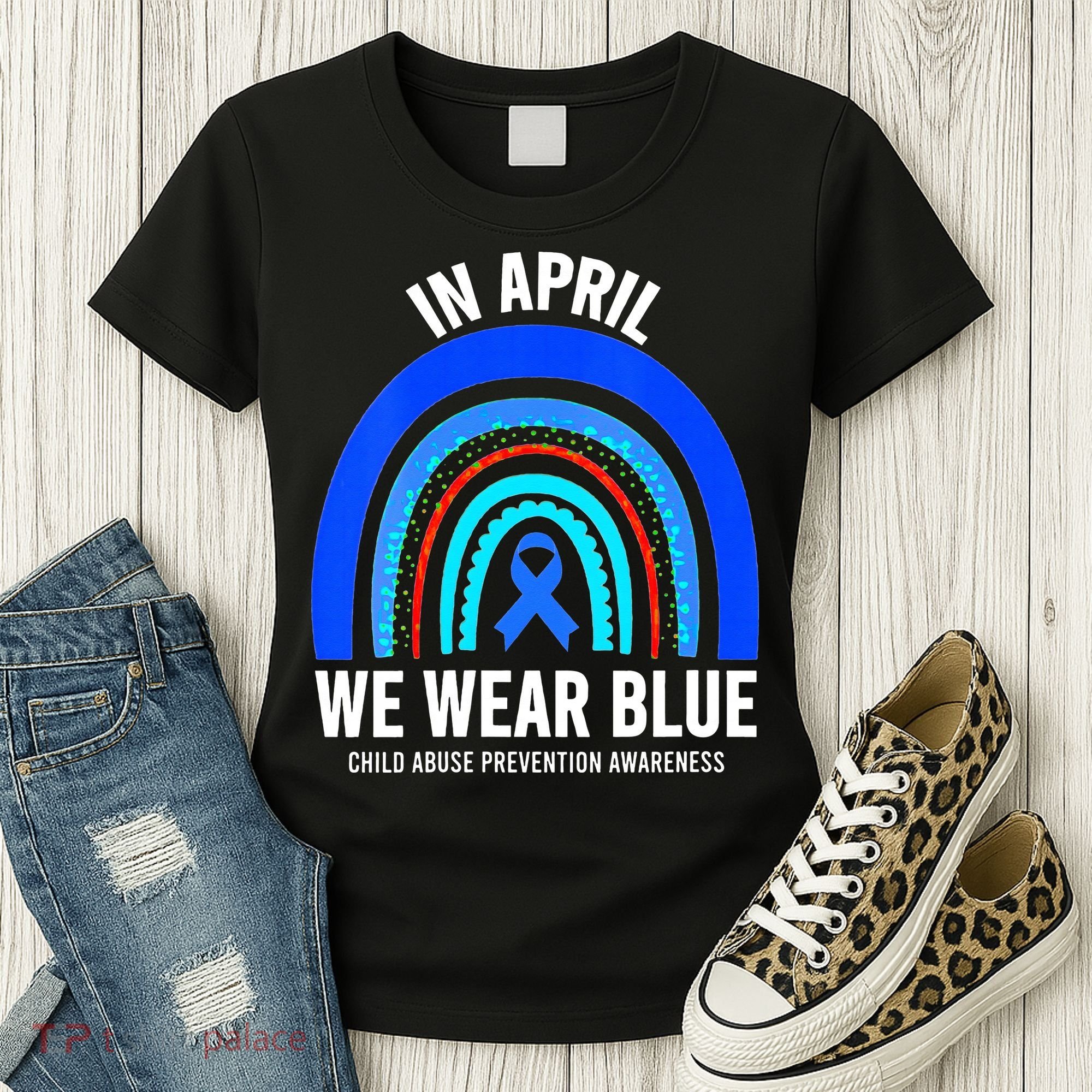 Elephant butterfly Child Abuse Awareness Blue Ribbon Women's T-Shirt