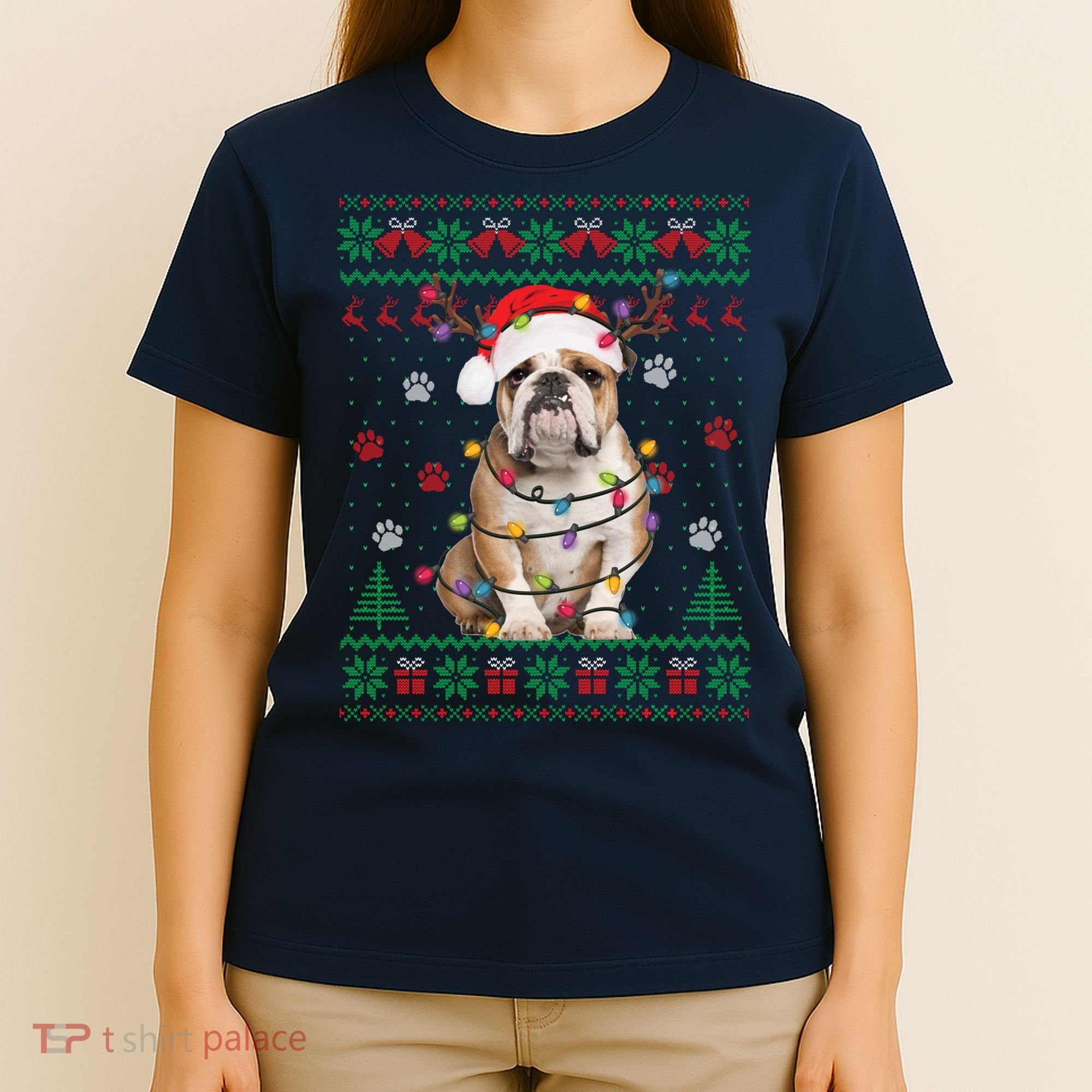 English Bulldog Christmas Lights Santa Dog Lover Ugly Sweater T-Shirt