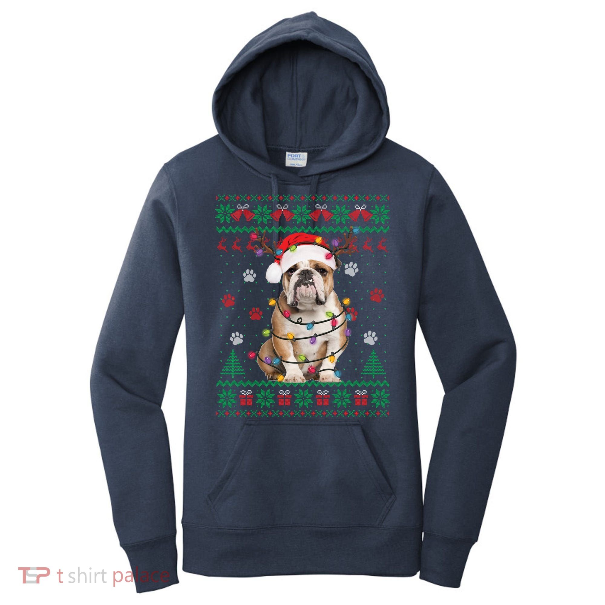 English Bulldog Christmas Lights Santa Dog Lover Ugly Sweater Women's Hoodie