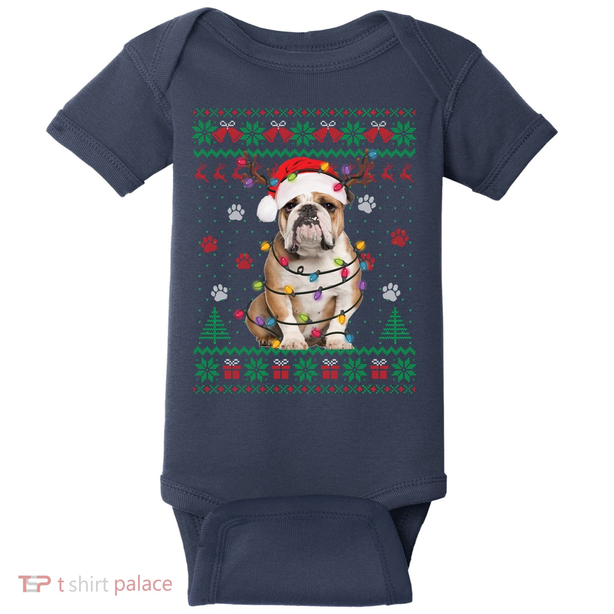 English Bulldog Christmas Lights Santa Dog Lover Ugly Sweater Baby Bodysuit