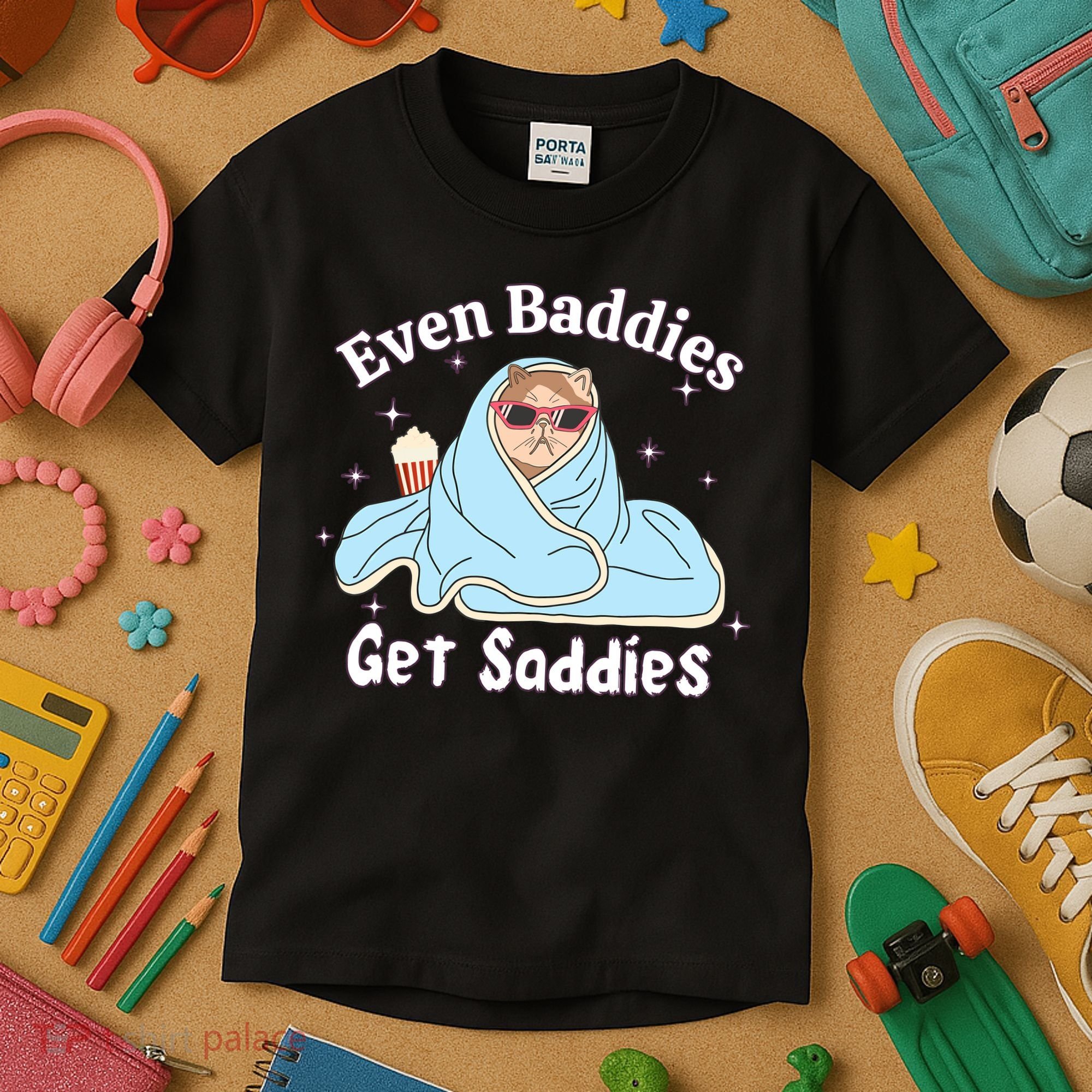 Even Baddies Get Saddies Funny Cat Sarcastic Meme Kids T-Shirt