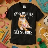 Even Baddies Get Saddies Funny Cat Meme Kids T-Shirt thumb 3