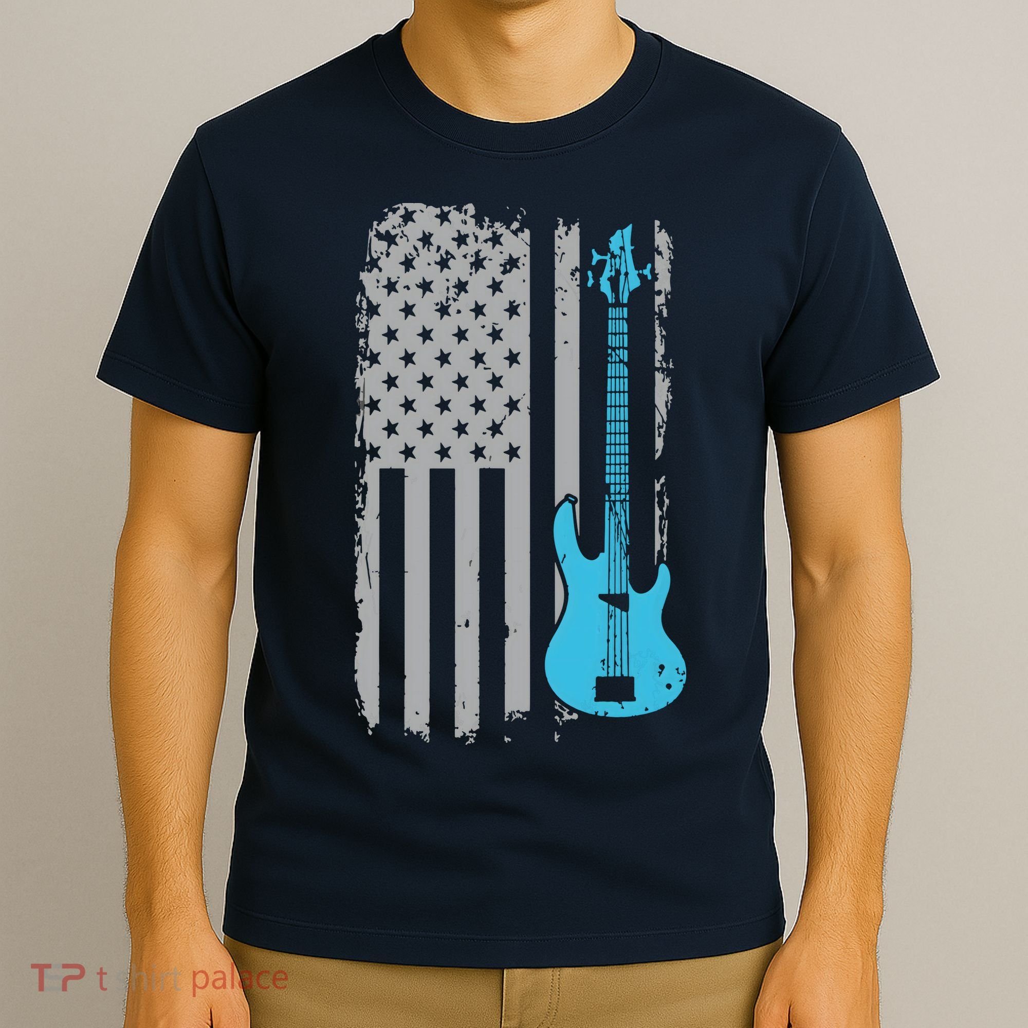 Electric Bass Guitar Player American Flag Musician T-Shirt