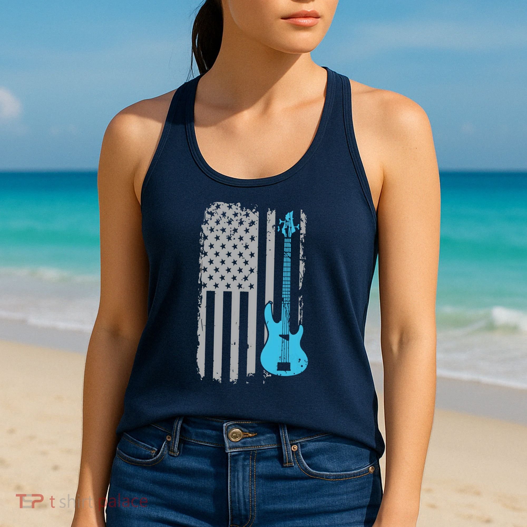 Electric Bass Guitar Player American Flag Musician Women's Tank Top