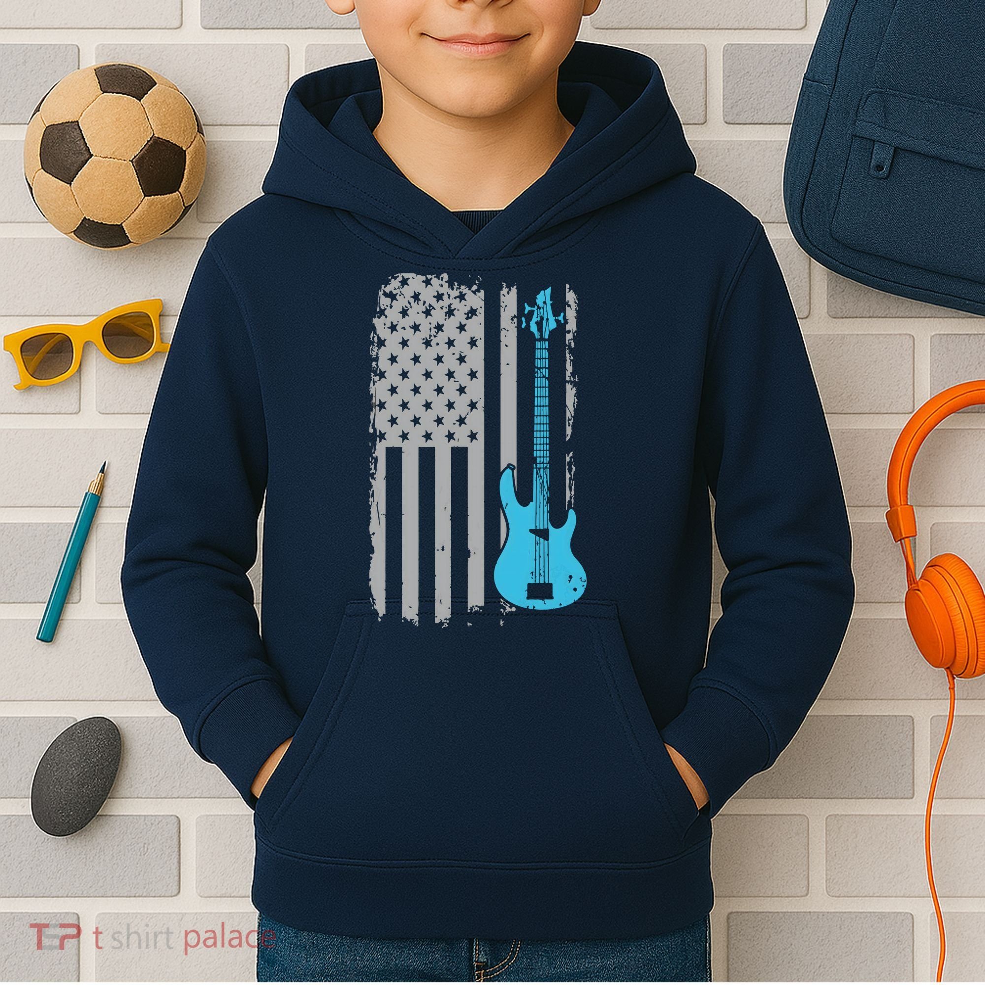 Electric Bass Guitar Player American Flag Musician Kids Hoodie