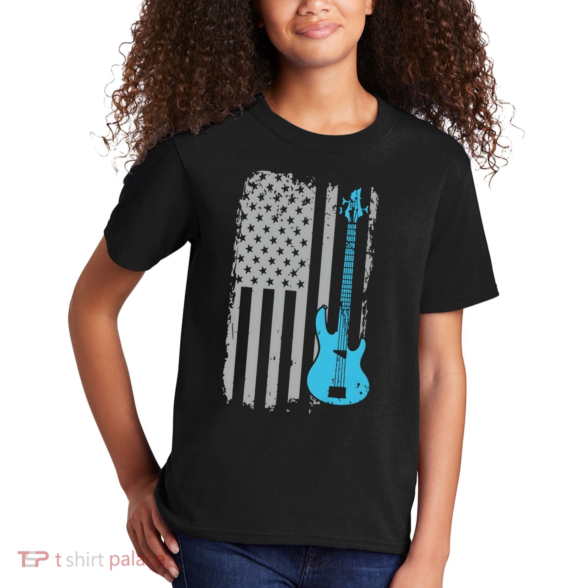 Electric Bass Guitar Player American Flag Musician Kids T-Shirt