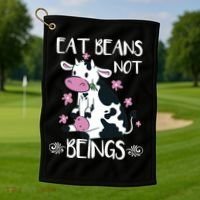 Eat Beans Not Beings Funny Cow Vegan Plant Based Golf Towel thumb 1