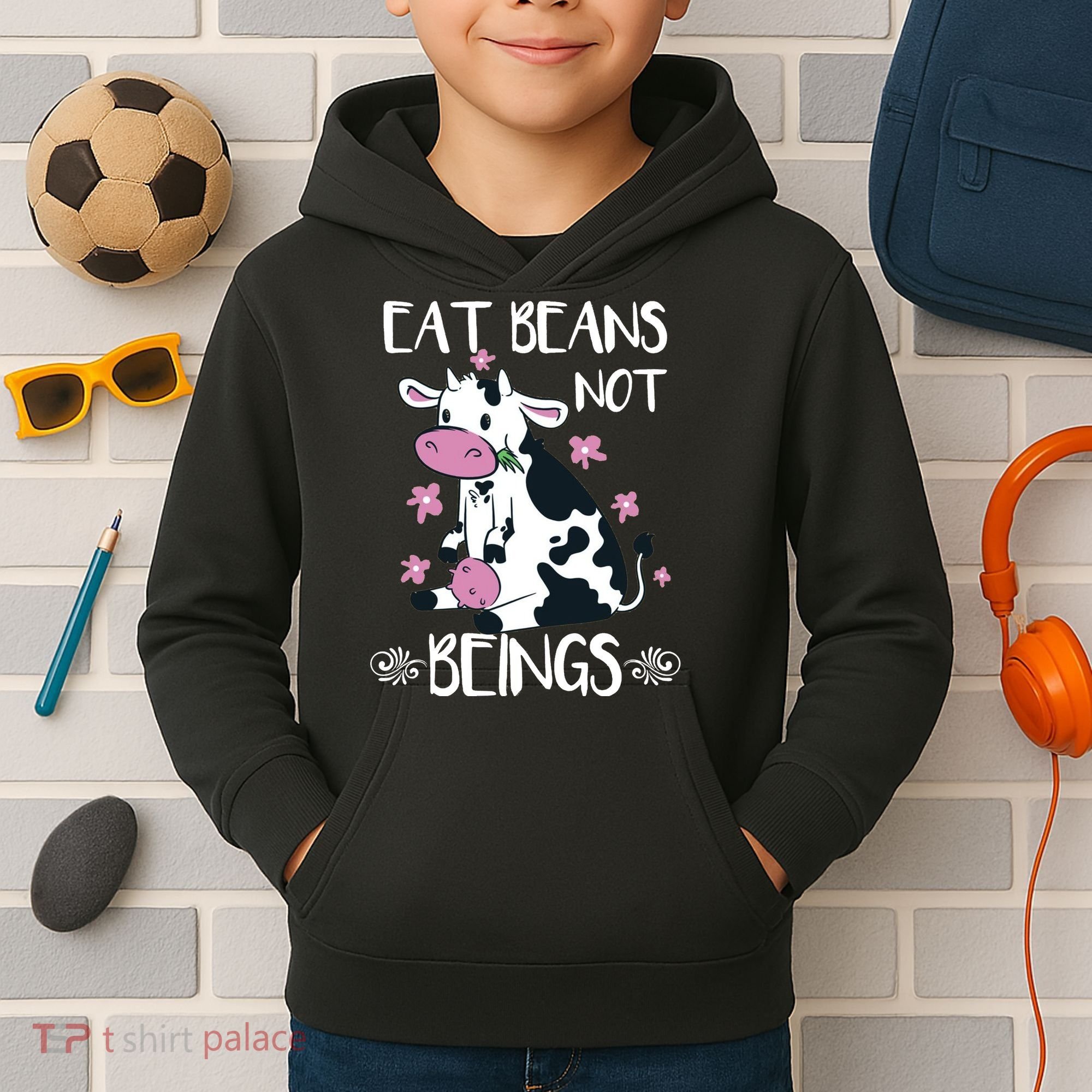 Eat Beans Not Beings Funny Cow Vegan Plant Based Kids Hoodie