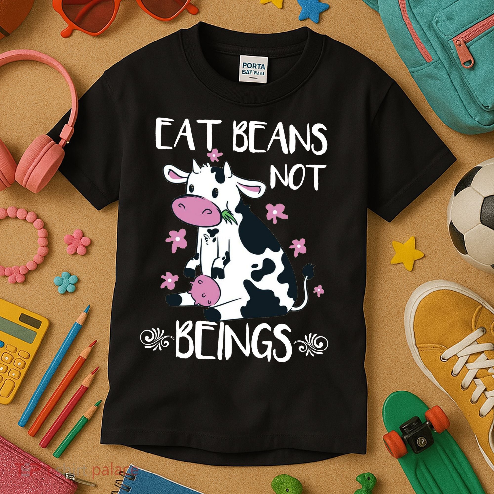 Eat Beans Not Beings Funny Cow Vegan Plant Based Kids T-Shirt