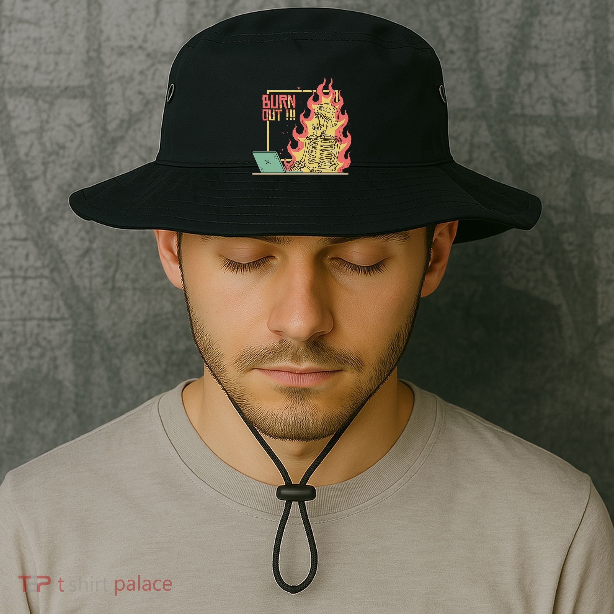 Emotionally Burnt Out Skeleton On Fire Bucket Hat
