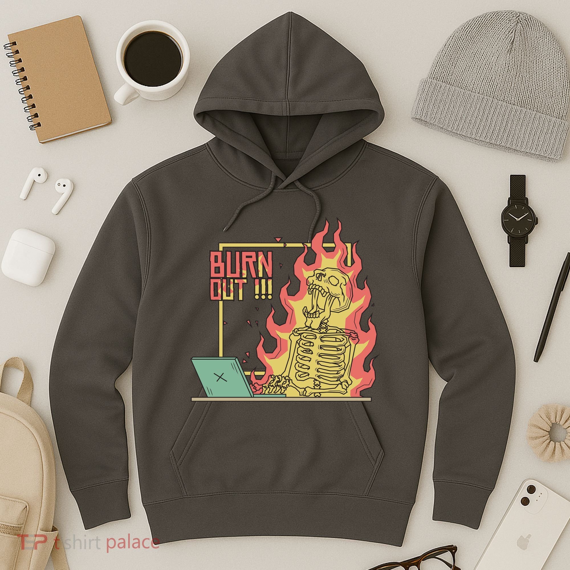 Emotionally Burnt Out Skeleton On Fire Hoodie