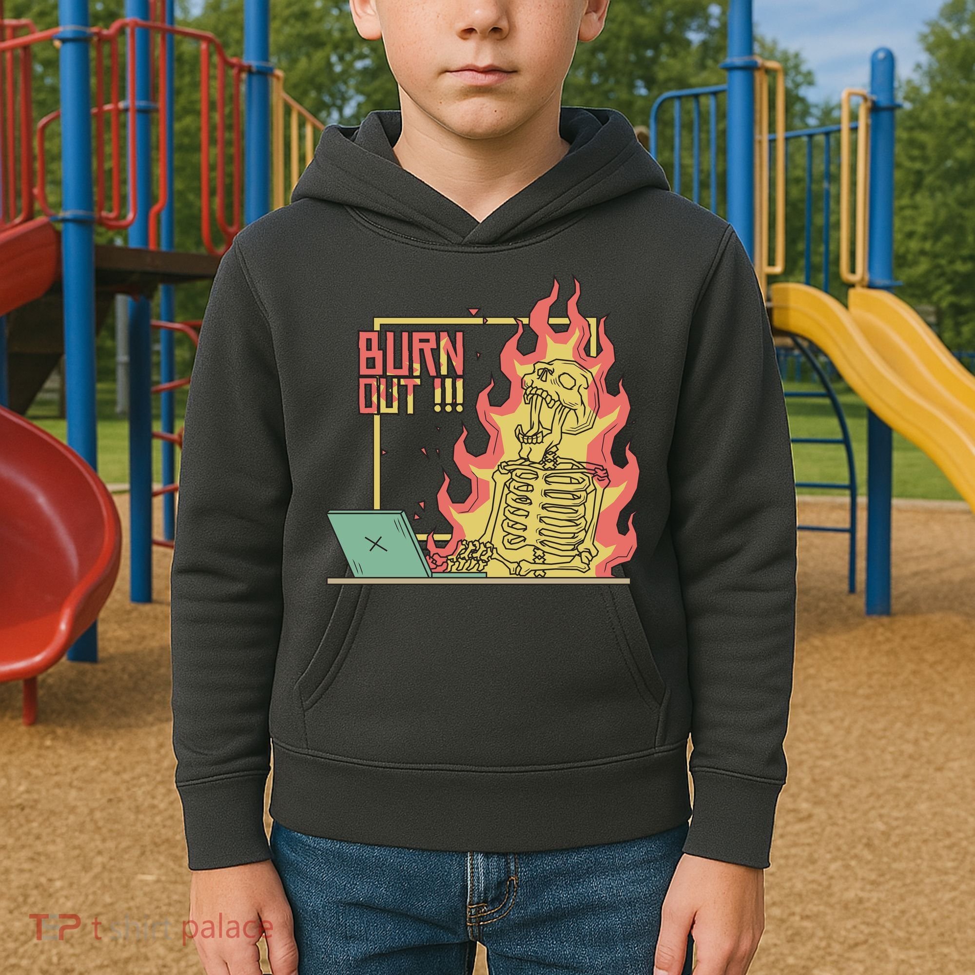 Emotionally Burnt Out Skeleton On Fire Kids Hoodie