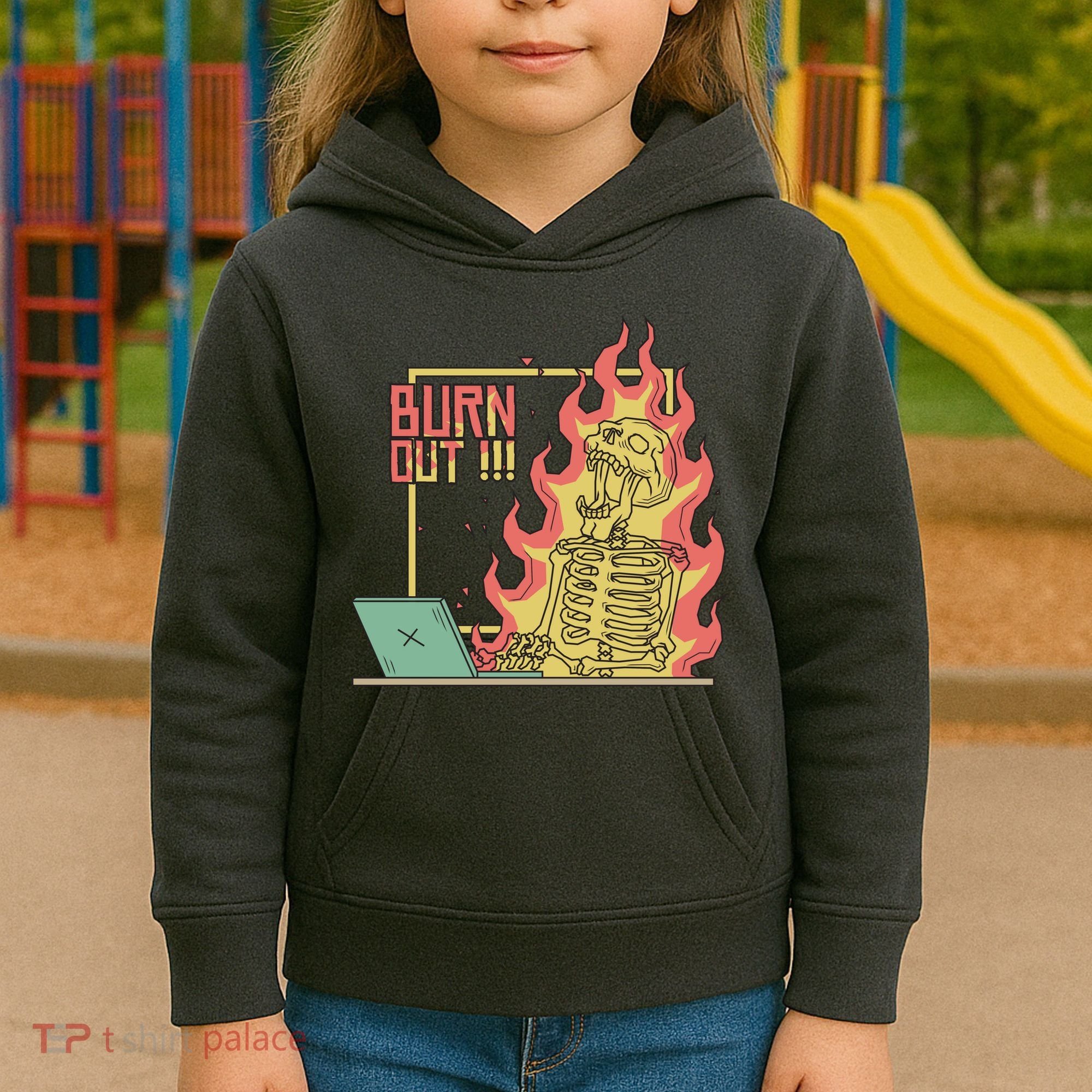 Emotionally Burnt Out Skeleton On Fire Kids Hoodie