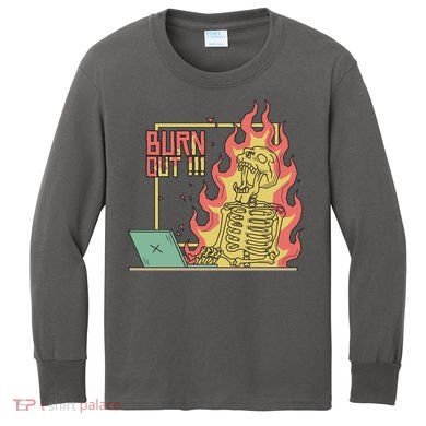 Emotionally Burnt Out Skeleton On Fire Kids Long Sleeve Shirt