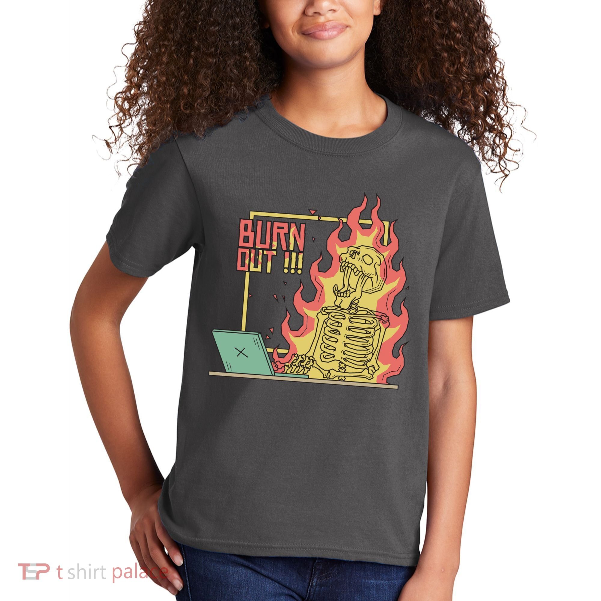 Emotionally Burnt Out Skeleton On Fire Kids T-Shirt