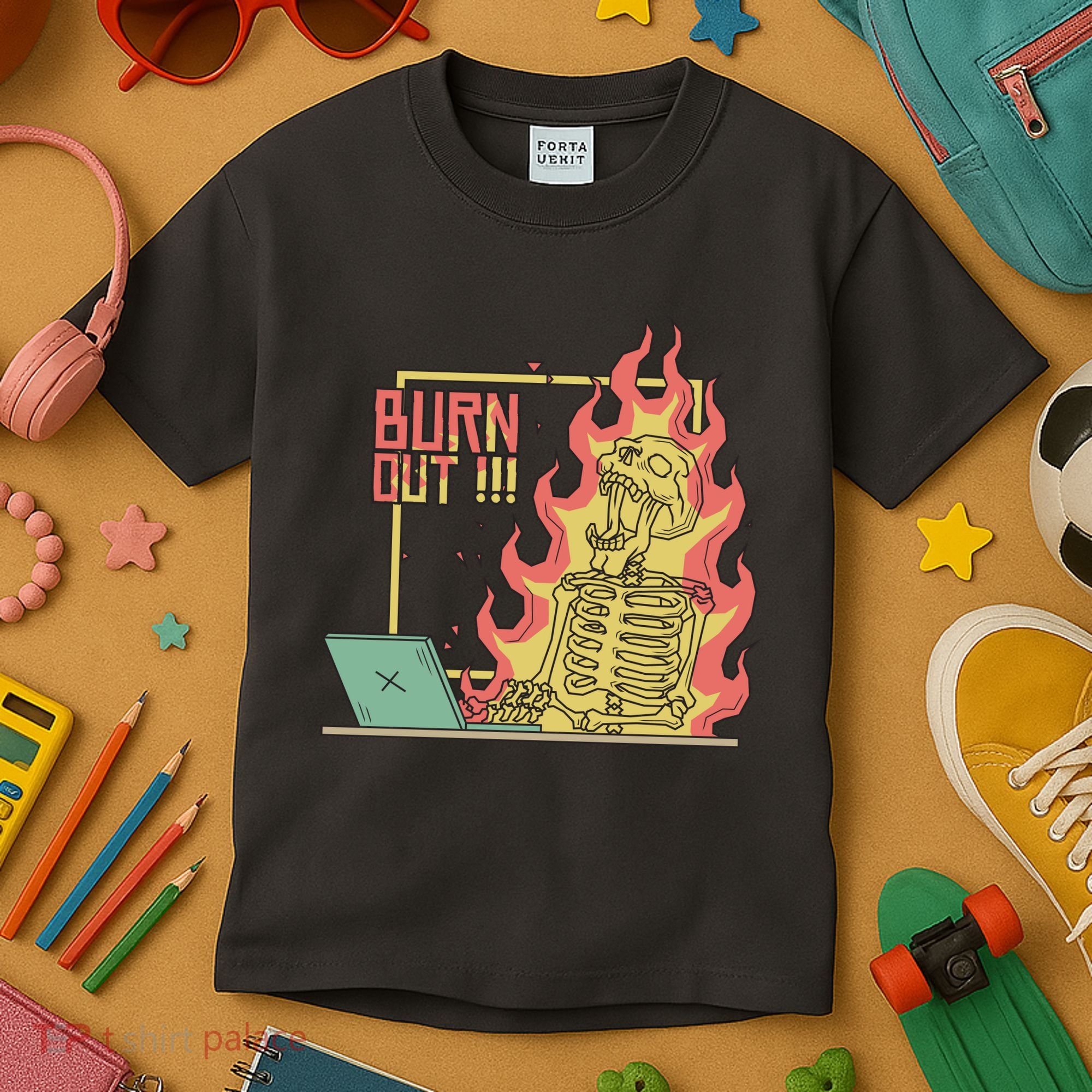 Emotionally Burnt Out Skeleton On Fire Kids T-Shirt
