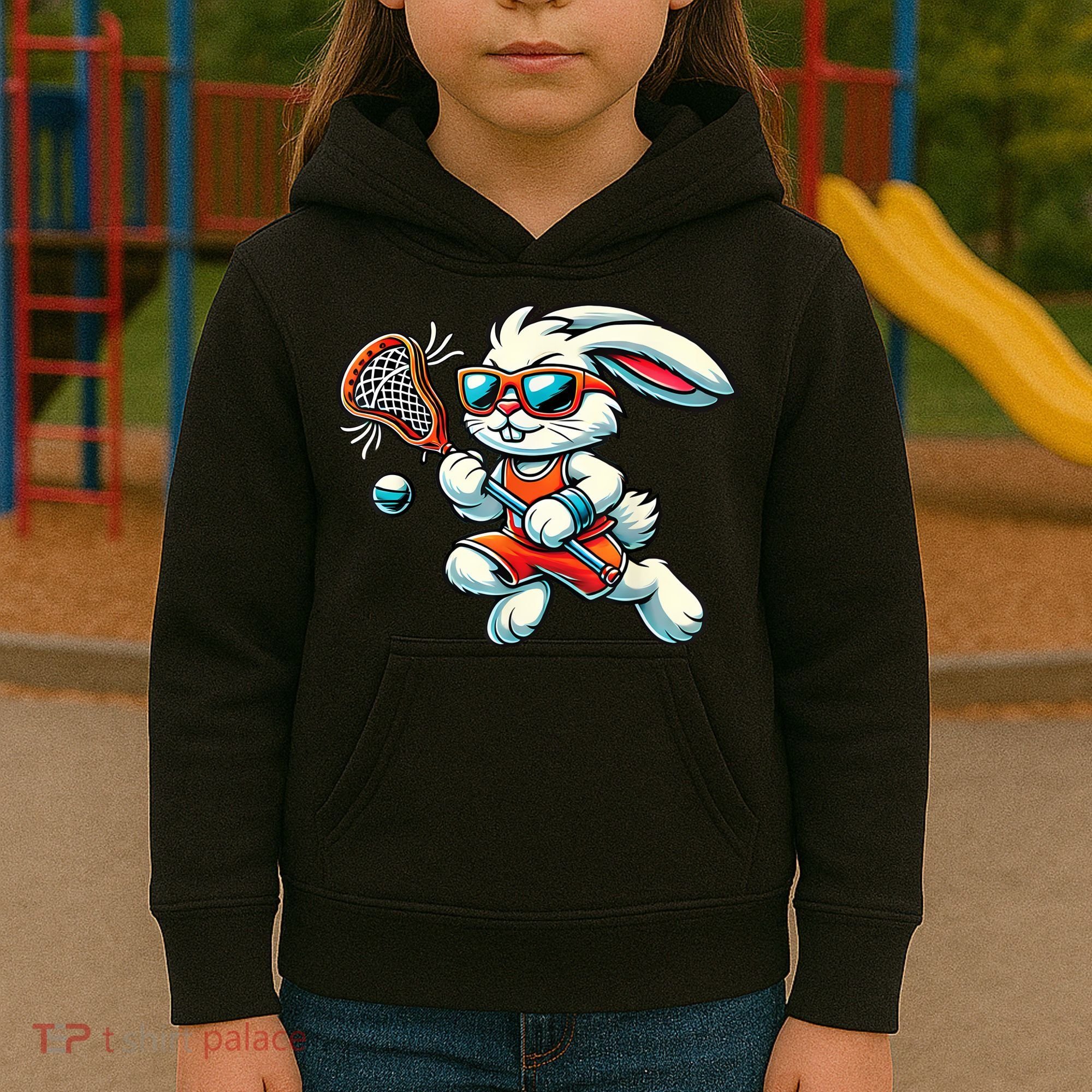Easter Bunny Playing Lacrosse Cute Lacrosse Players Kids Hoodie